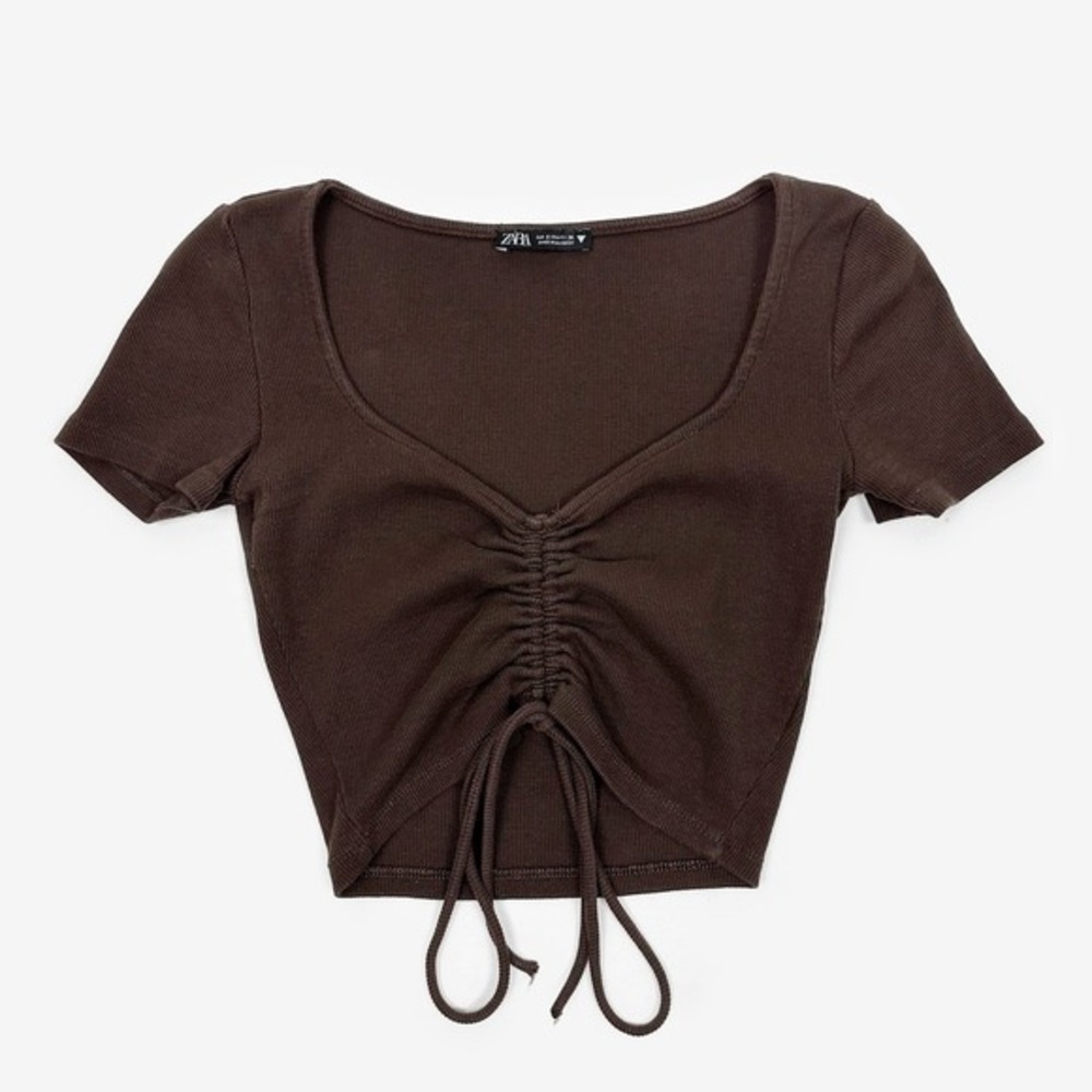 Zara Ruched Front Crop Top Size S Brown Cotton Blend Ribbed Soft Grunge Y2K Edgy